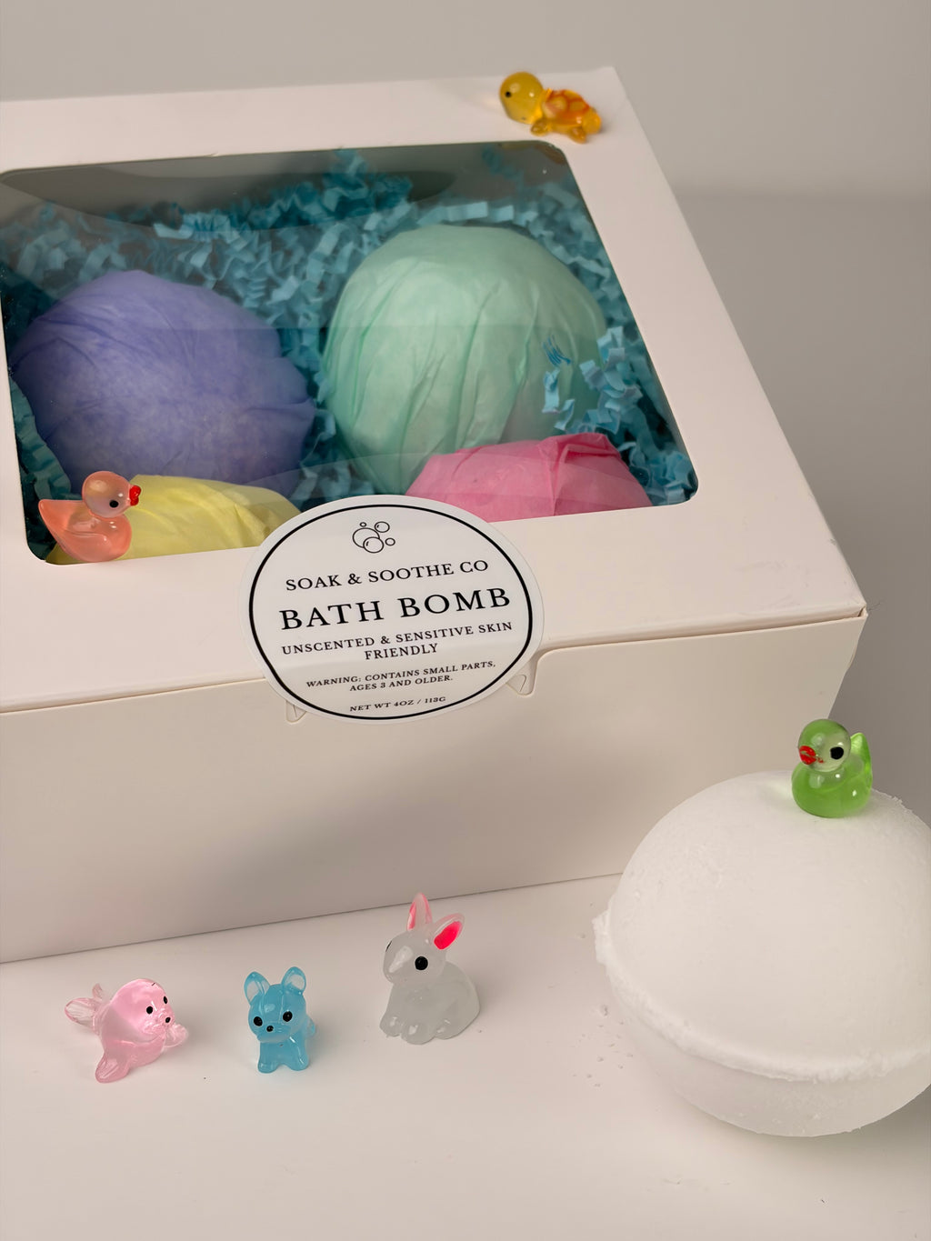 Set of 4 Classic Unscented Eczema-Friendly Sensory-Friendly Bath Bomb Gift Set – 4 Handpressed, 4.1 oz, Toy Surprises 🦄