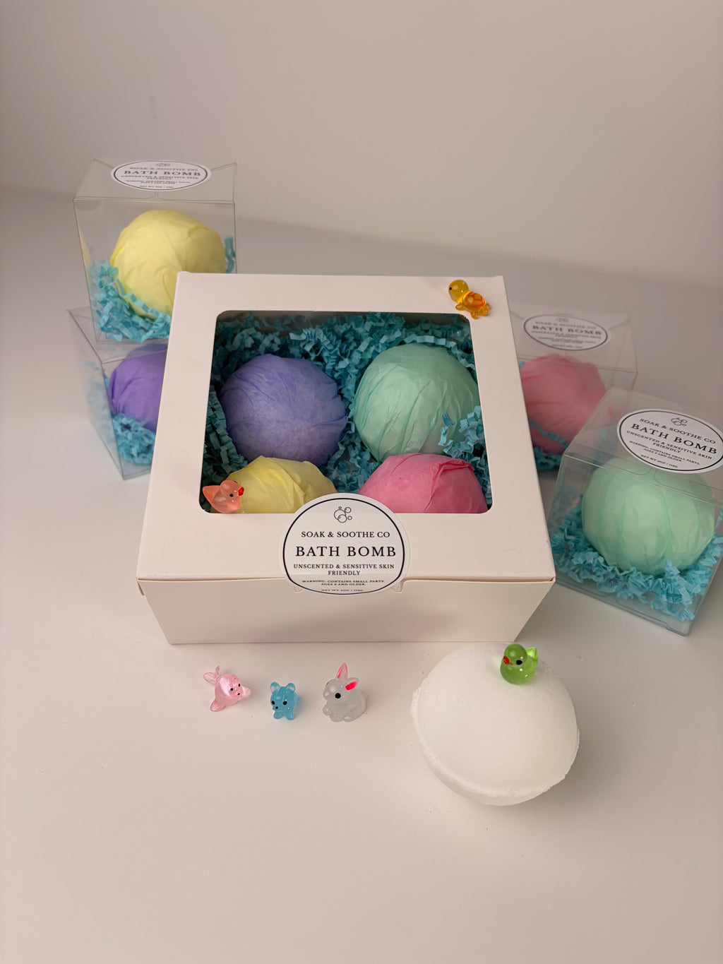 Set of 4 Classic Unscented Eczema-Friendly Sensory-Friendly Bath Bomb Gift Set – 4 Handpressed, 4.1 oz, Toy Surprises 🦄