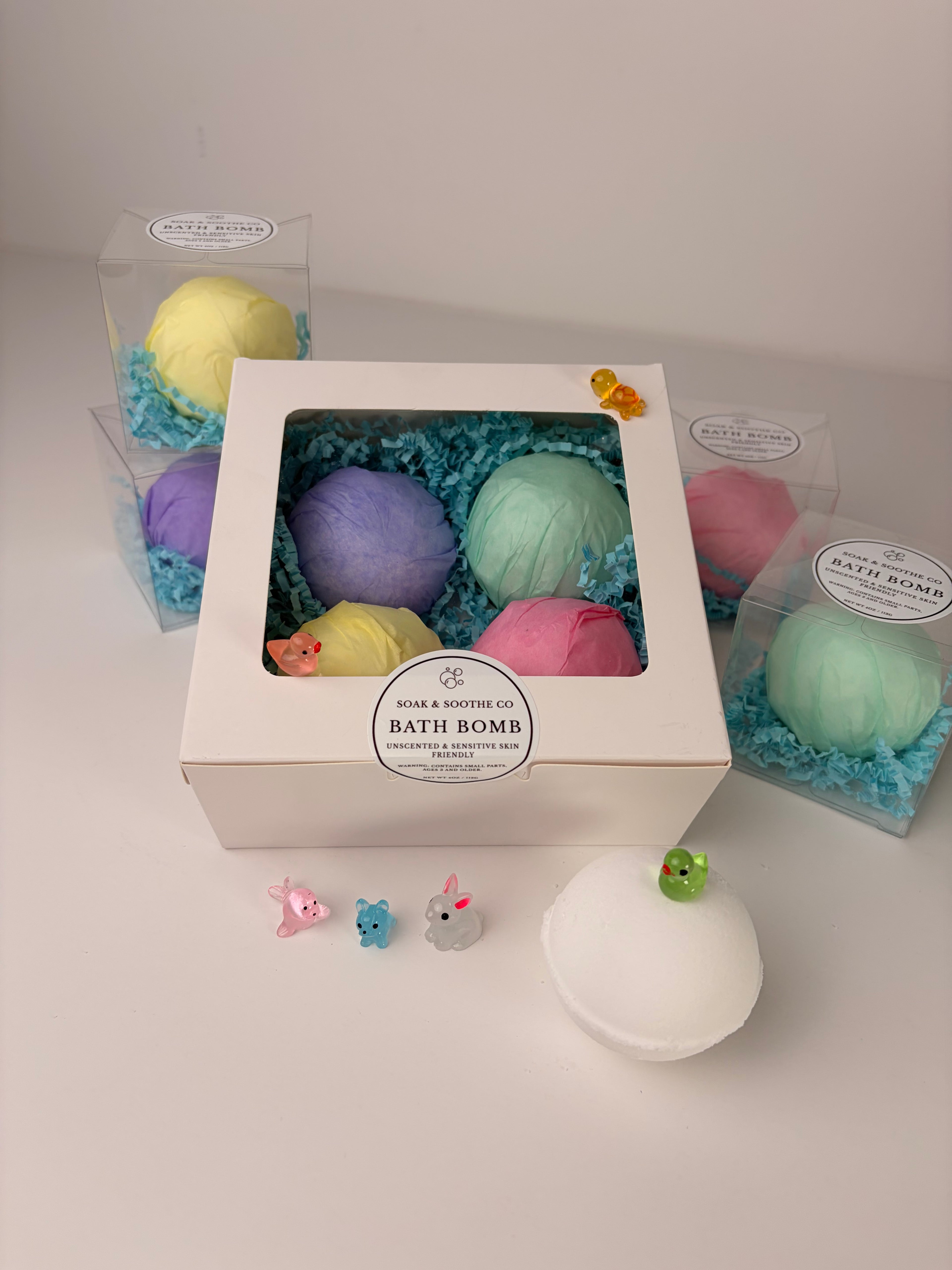 Set of 4 Classic Unscented Eczema-Friendly Sensory-Friendly Bath Bomb Gift Set – 4 Handpressed, 4.1 oz, Toy Surprises 🦄